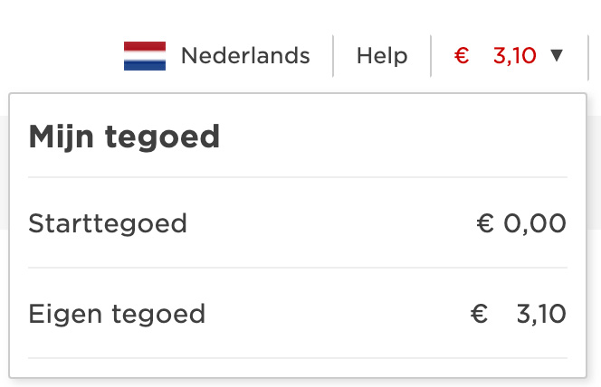 De printportal met rechtsboven het beschikbare printtegoed en een overzicht van het starttegoed en eigen tegoed.