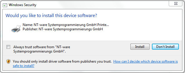 Het beveiligingsvenster van Windows met de knop Install.