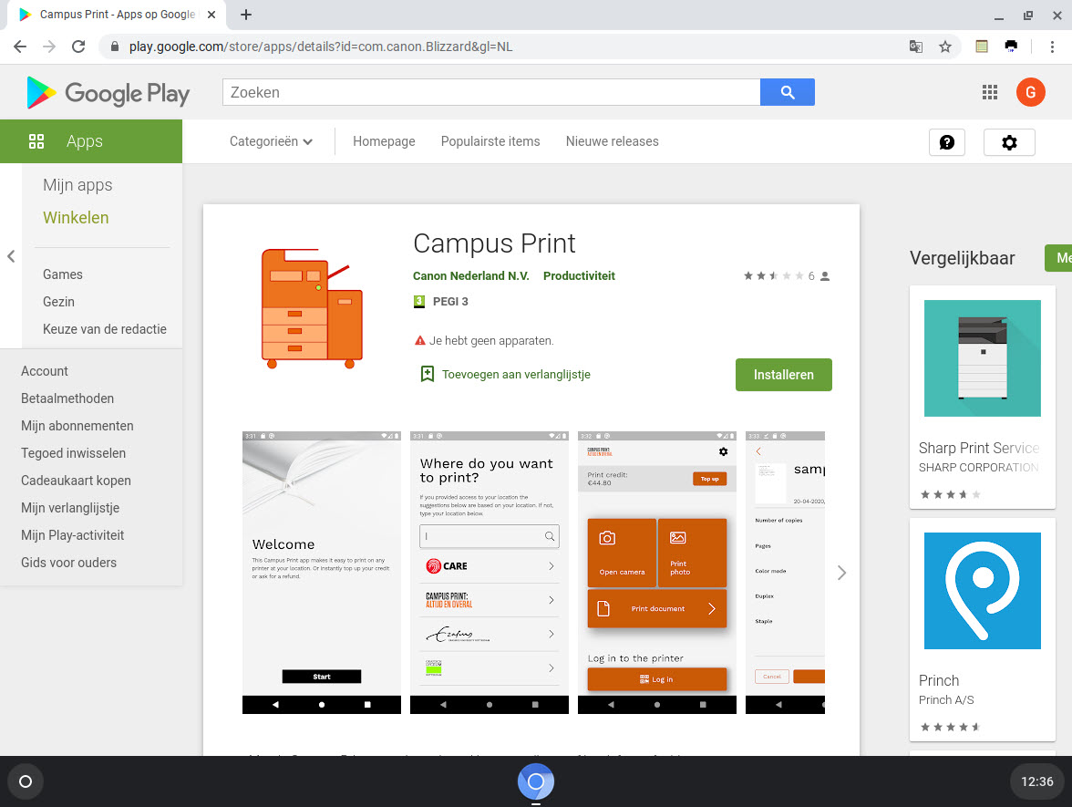De Campus Print-app in de Google Play Store op een Chromebook.