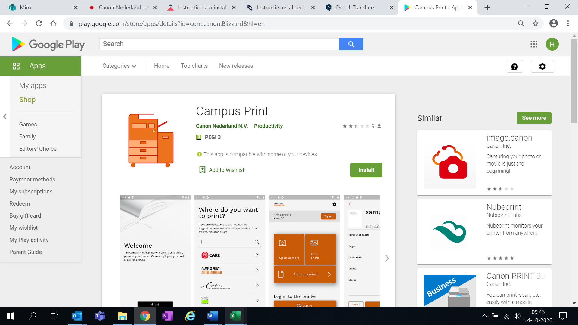 The Campus Print app in the Google Play Store on a Chromebook.