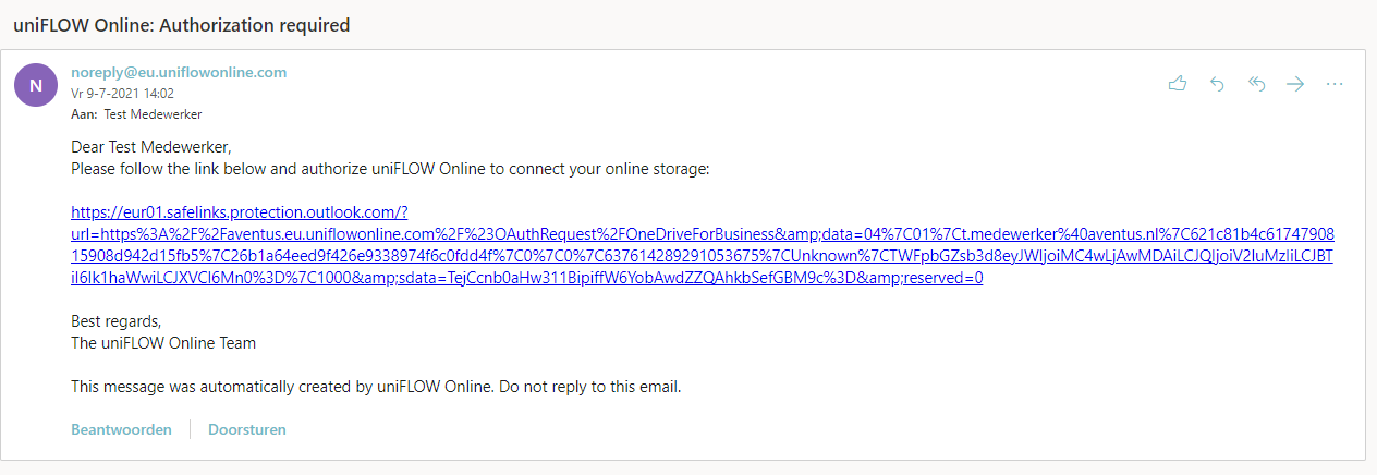The email containing the link to connect OneDrive to uniFLOW Online.