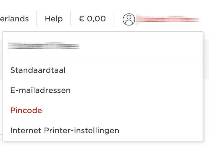 De printportal. Het accountmenu is geopend.