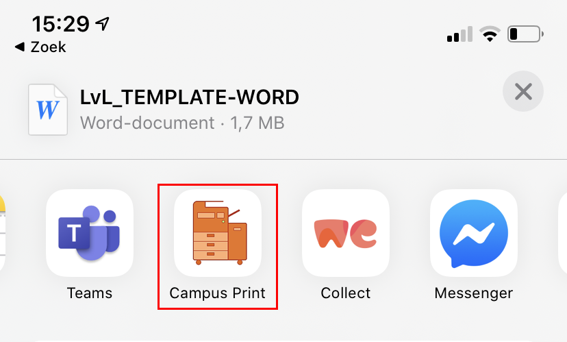 The Campus Print app in the list of available apps.