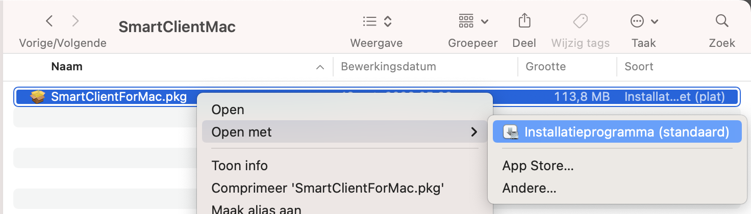 Het contextmenu van SmartClientForMac.pkg.