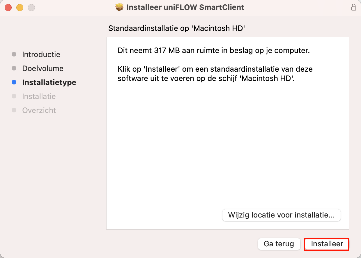 De knop Installeer in het installatieprogramma.
