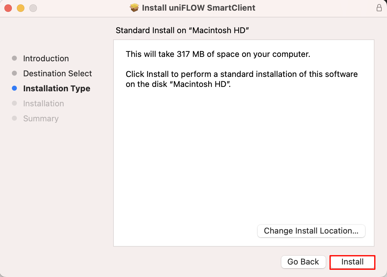 The Install button in the installer.