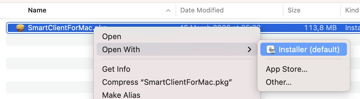 The context menu for SmartClientForMac.pkg.