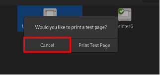 The printer settings window with the option to print a test page.