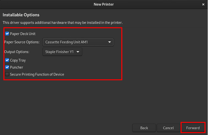 The printer options window with the available options selected.