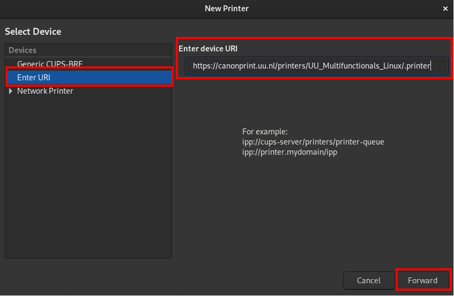 Het venster Add Printer met de URL van UU Multifunctionals ingevuld.