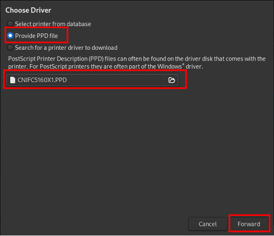 Het venster Choose Driver met Provide PPD file geselecteerd.