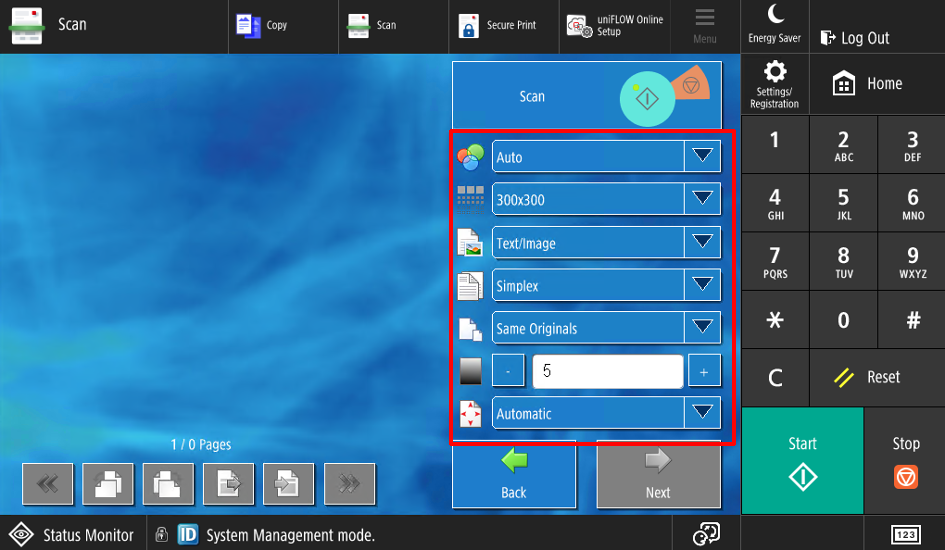 The Canon printer scan screen with the scan settings shown on the right.