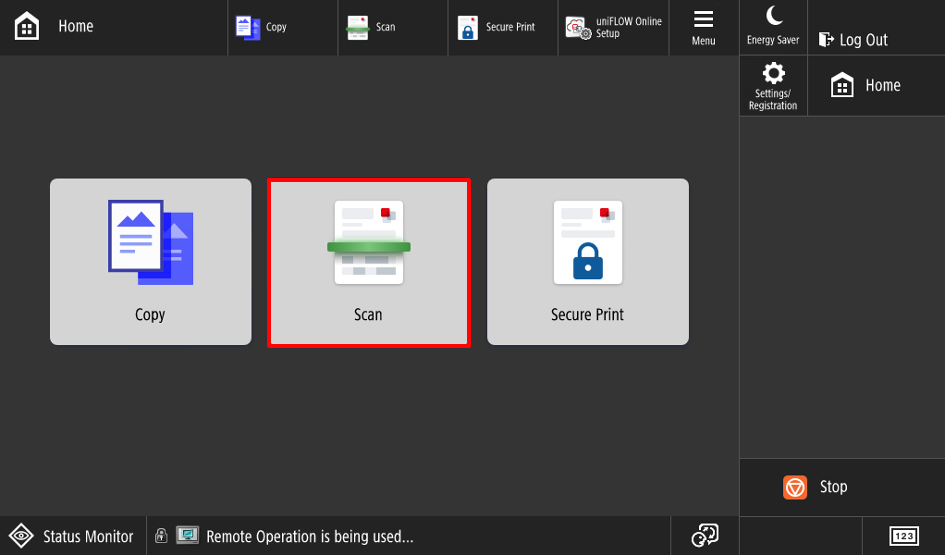 The Canon printer Home screen with the Scan button highlighted.