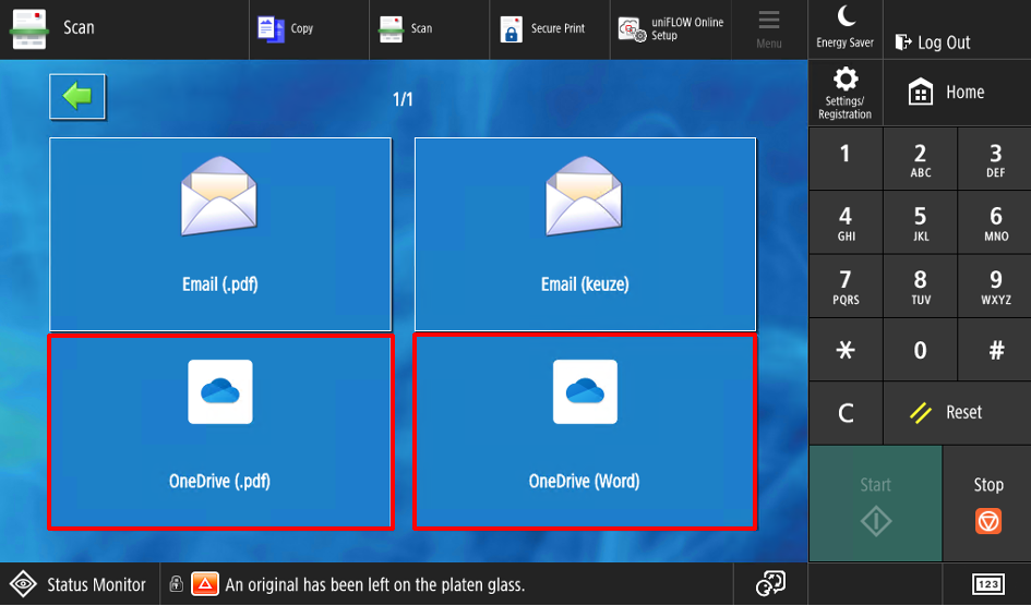 The Canon printer scan screen with the OneDrive (.pdf) and OneDrive (Word) options highlighted.