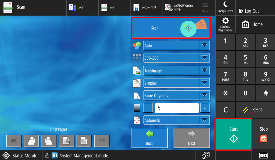 The Canon printer scan screen with the green Start button highlighted.