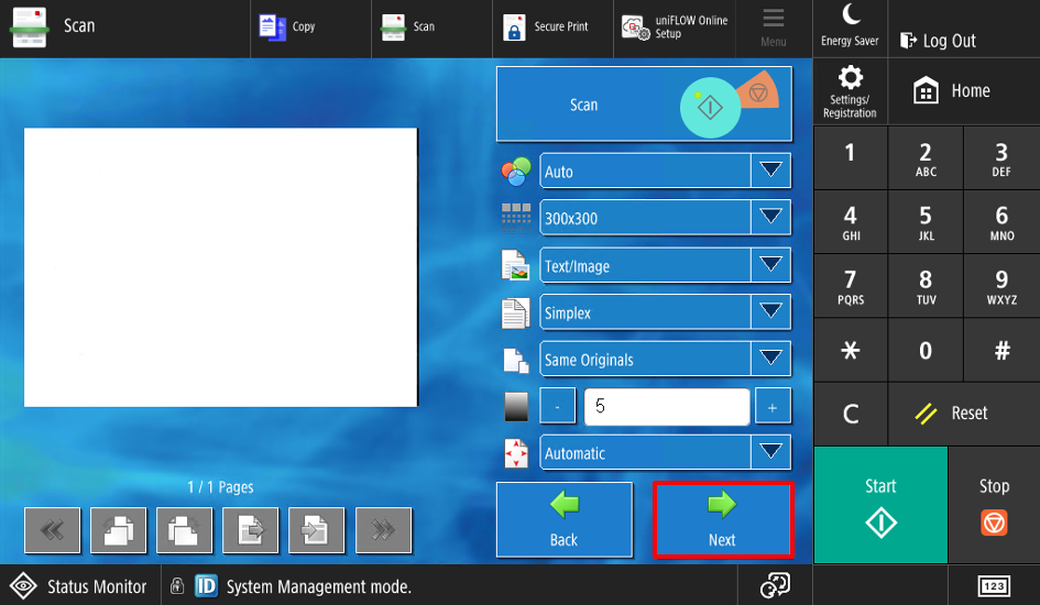 Preview of the scanned document with the Next button highlighted.