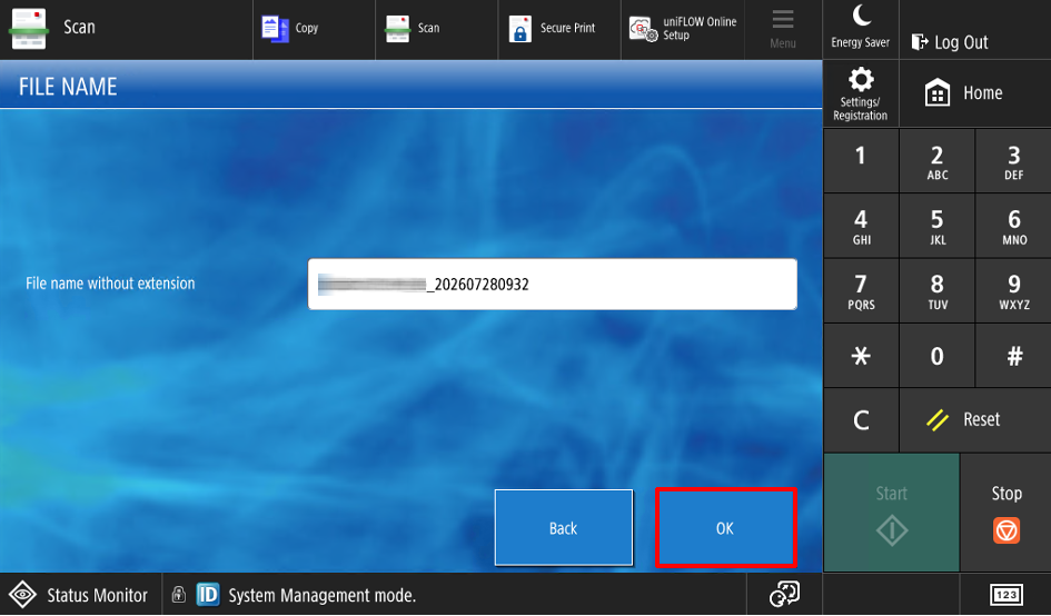 The file name screen with the OK button.