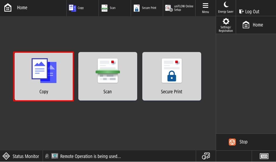 The Canon printer Home screen with the Copy button highlighted.