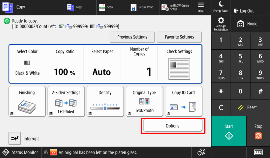 The Canon printer copy screen showing the available copy settings.