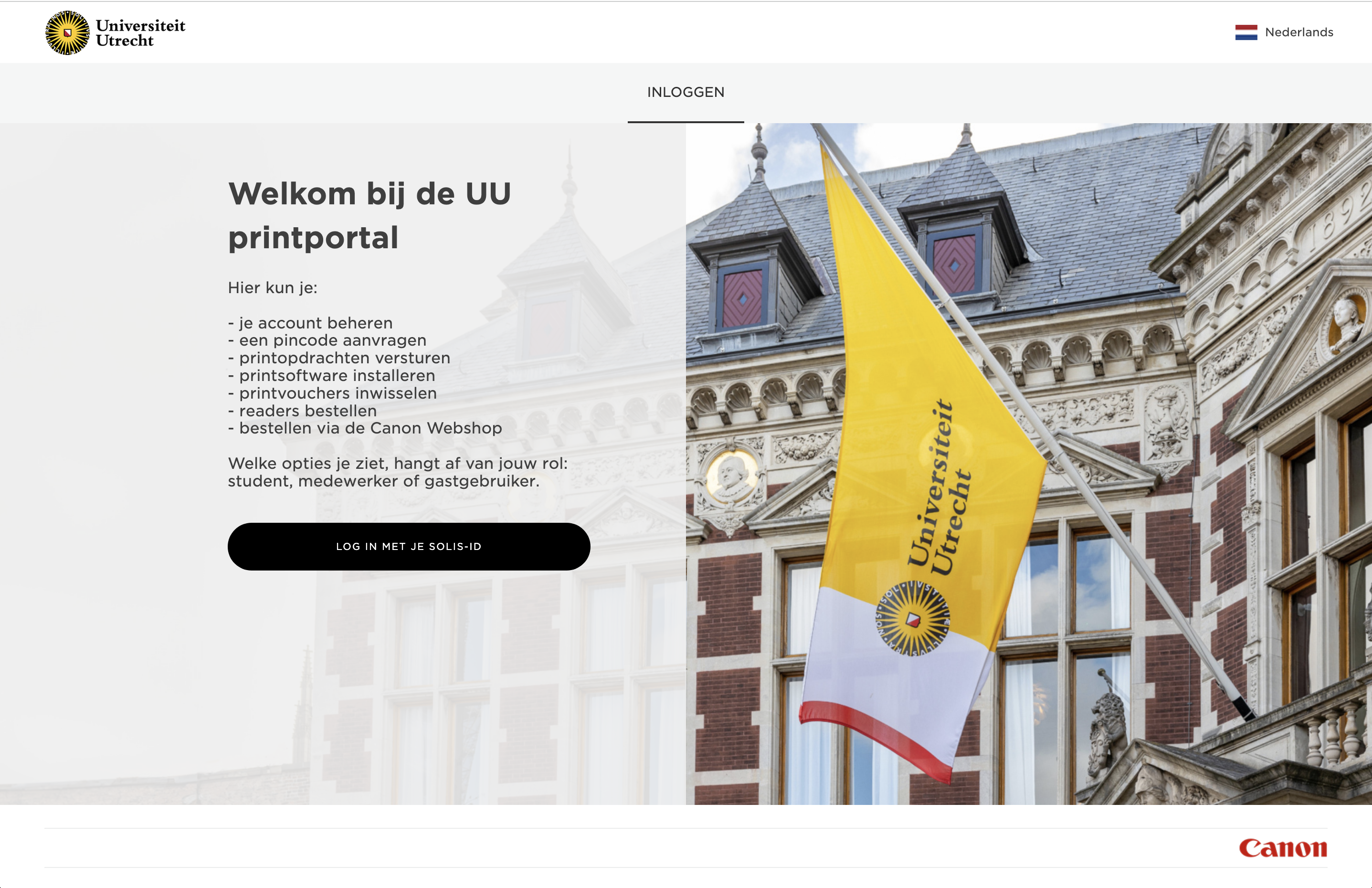 De startpagina van de UU printportal met de knop om in te loggen.