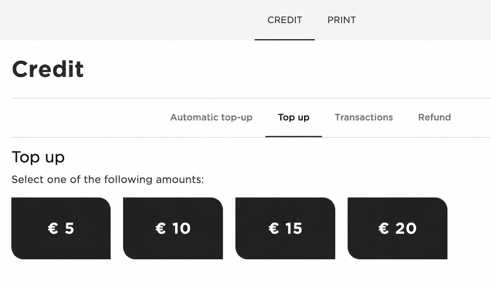 The Print Portal with the Top Up button highlighted for purchasing additional print credit.