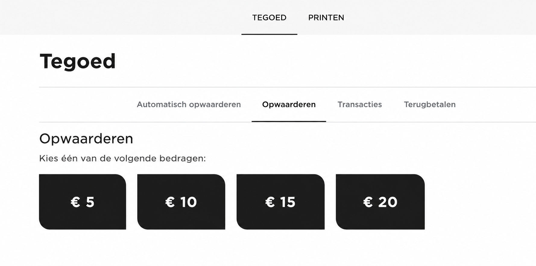 De printportal met de knop 'Opwaarderen' om extra printtegoed te kopen.