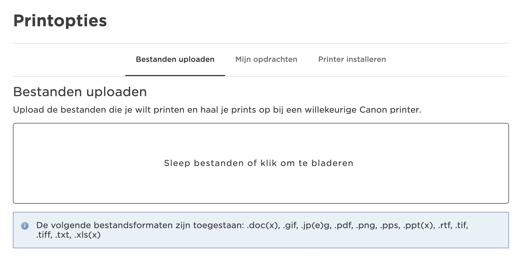 De UU printportal met het tabblad PRINT geopend.